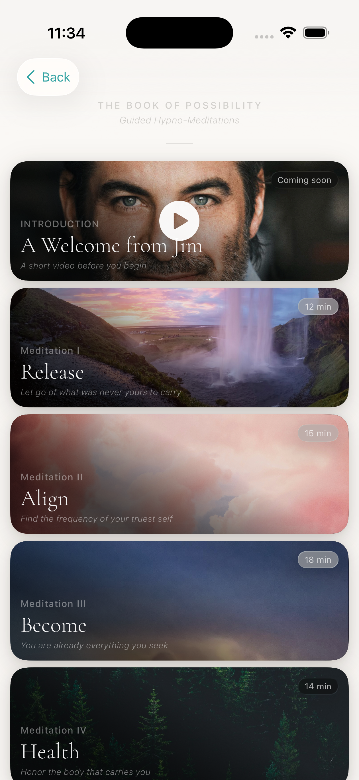 The Book of Possibility companion app: a welcome video from Jim and guided hypno‑meditations for Release, Align, Become, and Health.